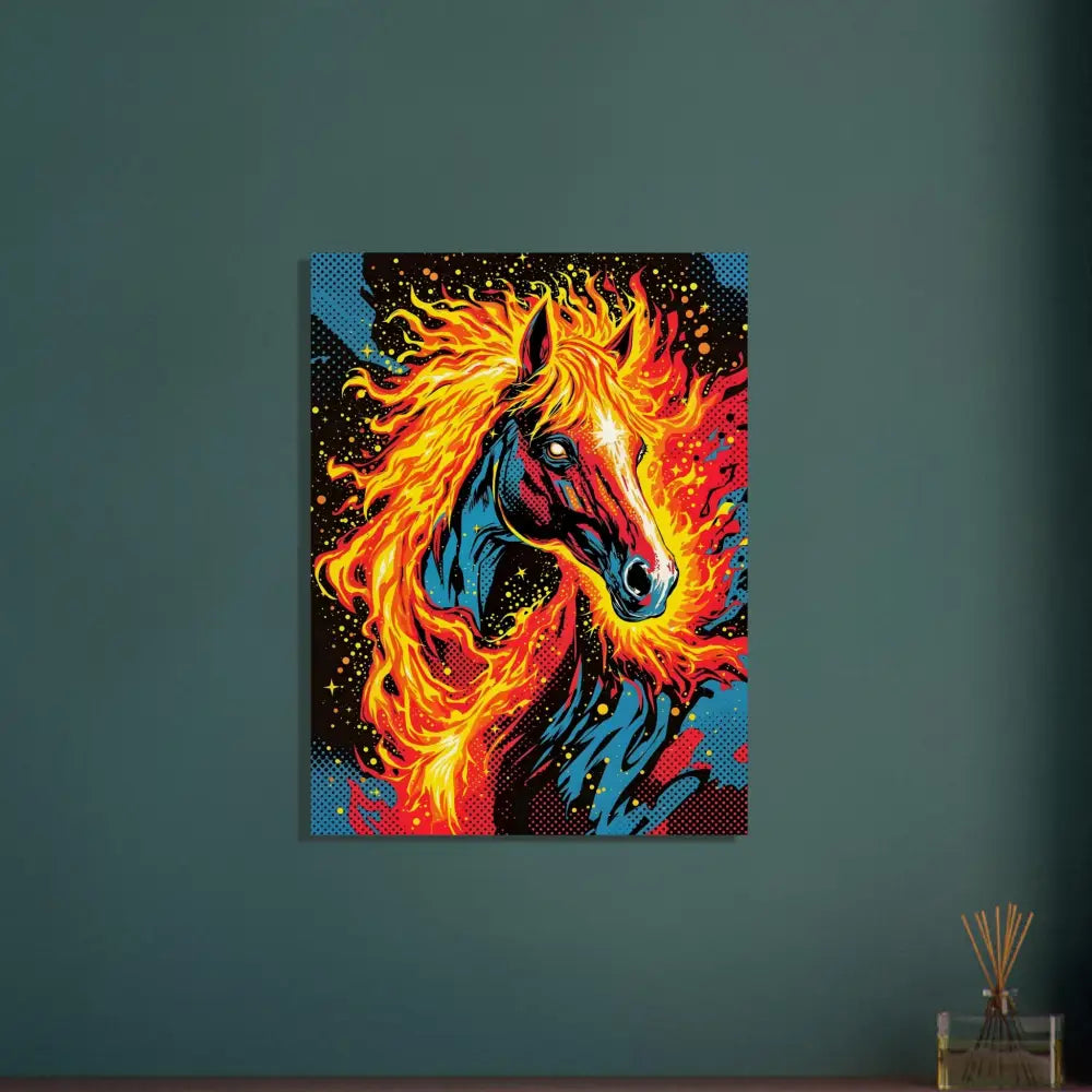 Vibrant pop art style horse canvas print with fiery mane on PixiOnyx Natural Display