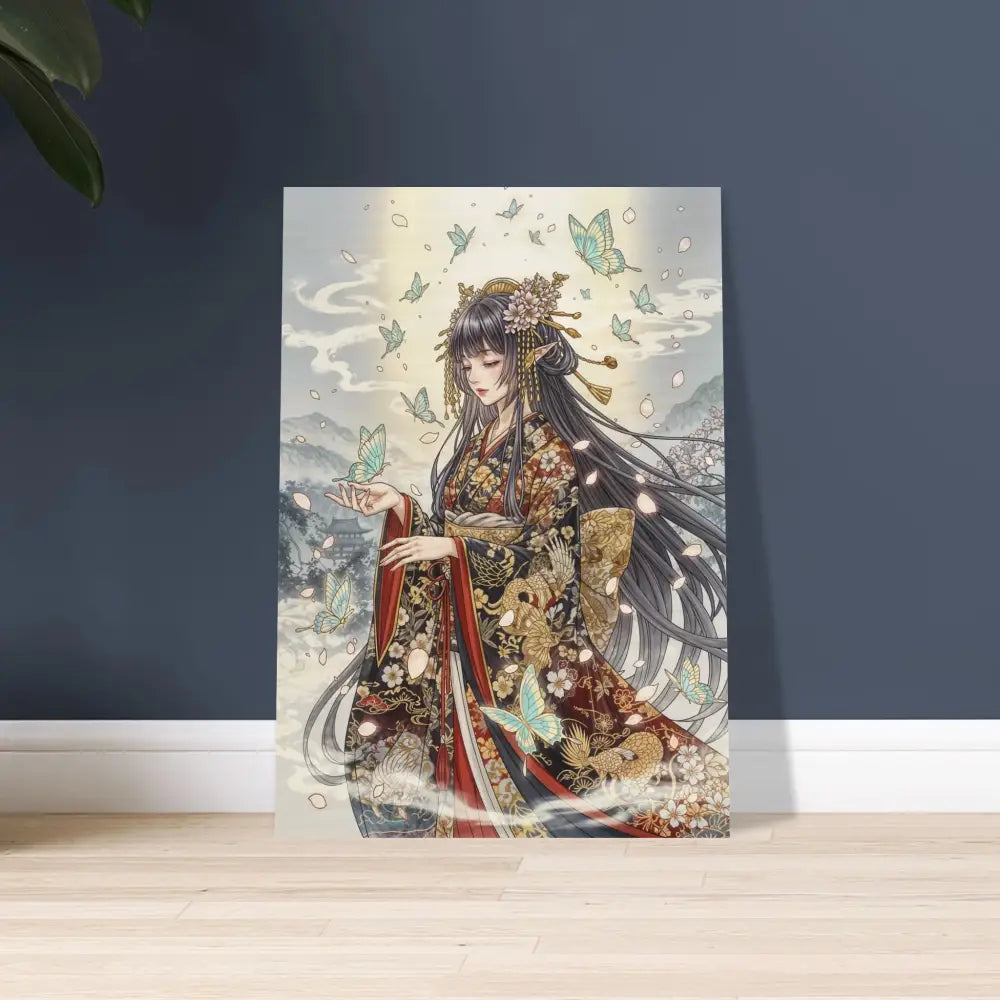 Anime-style illustration of a woman in traditional Japanese attire with butterflies, embodying earthy elegance meets divine beauty