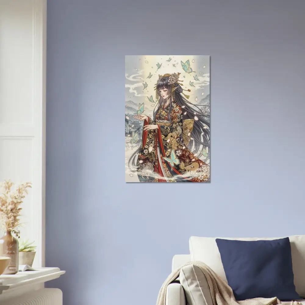 Anime-style wall art of a woman in a kimono surrounded by butterflies for Wood Print Ethereal Kimono Maiden