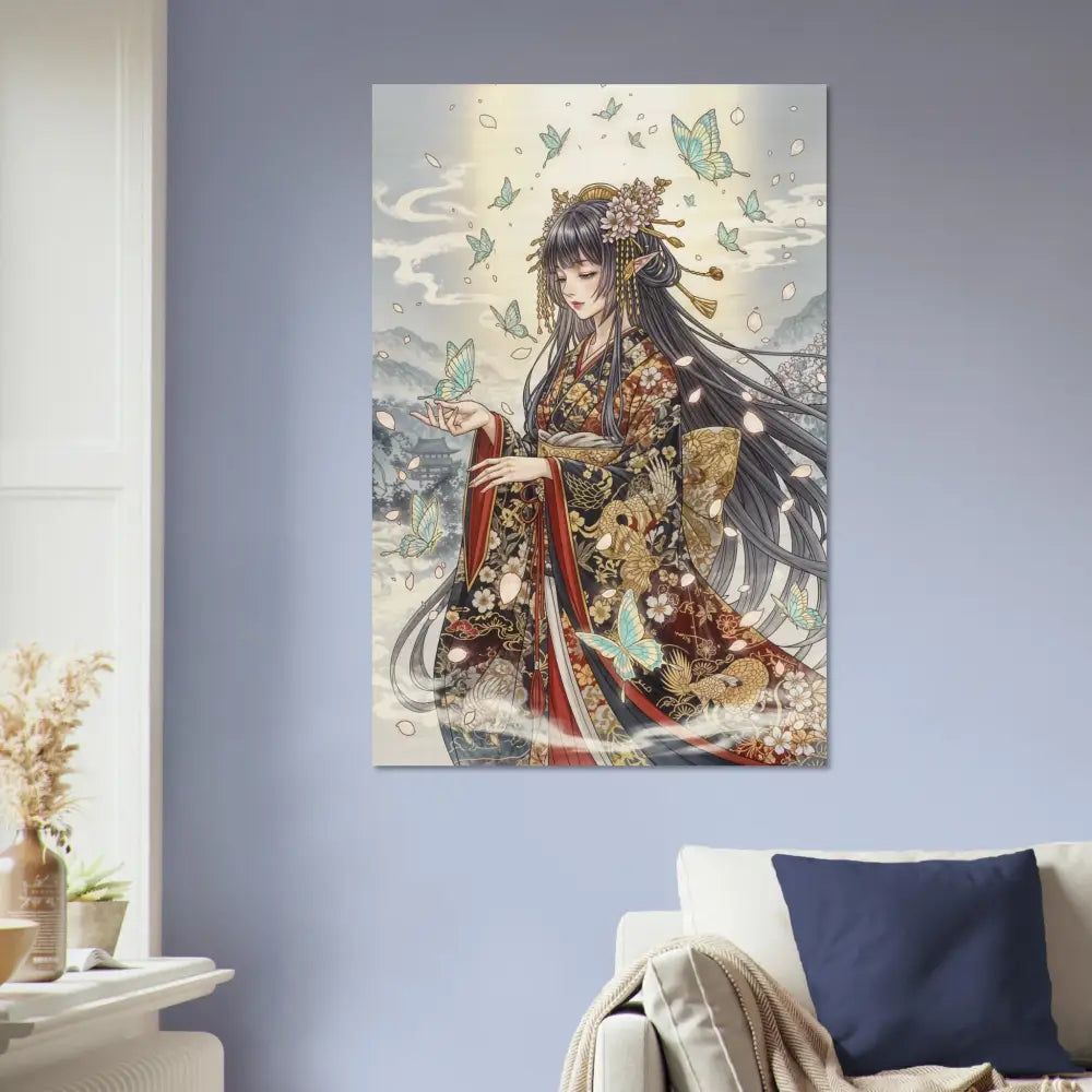 Anime-style wall art featuring a woman in kimono with butterflies for Ethereal Kimono Maiden wood print