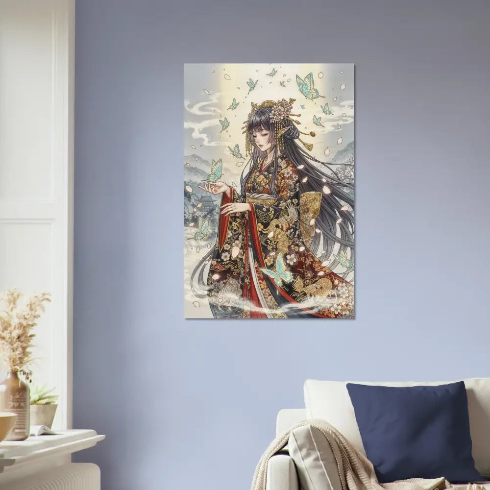 Anime-style wood print of a woman in a kimono with butterflies showcasing earthy elegance meets divine beauty