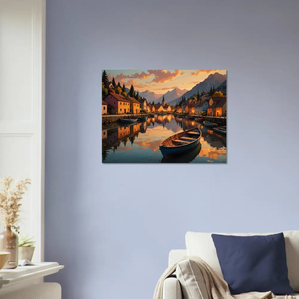 Picturesque village scene painting on wood print from PixiOnyx Rustic Reflection Series