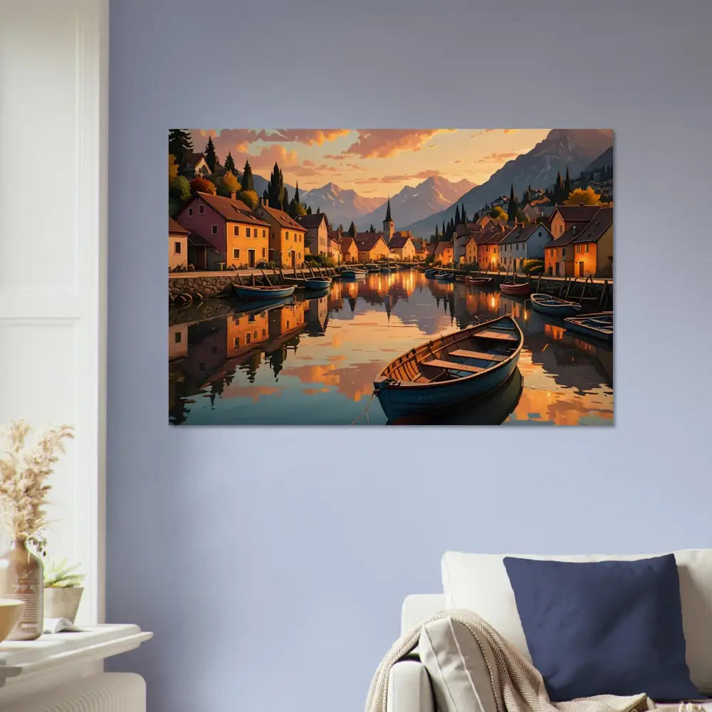 Picturesque lakeside village painting on wood print from PixiOnyx Rustic Reflection Series