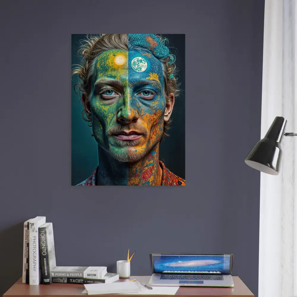 Artistic portrait with sun and moon symbolism on Eco-Visionary Abstract Wood Print