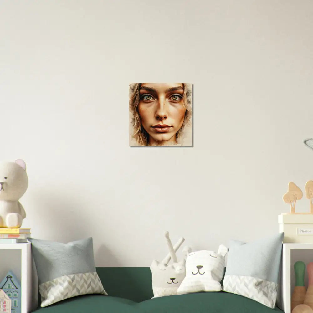 Square canvas print featuring an intense portrait blends human with striking green eyes