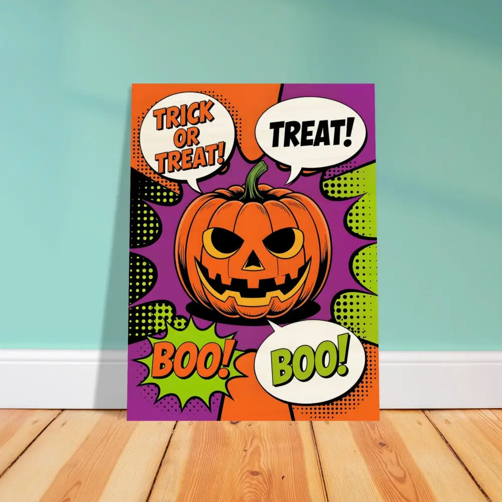 Halloween pop art canvas print with jack-o’-lantern and comic speech bubbles