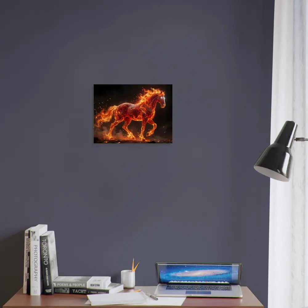 Inferno Stallion canvas print on sustainable birch wood showcasing a fiery horse artwork
