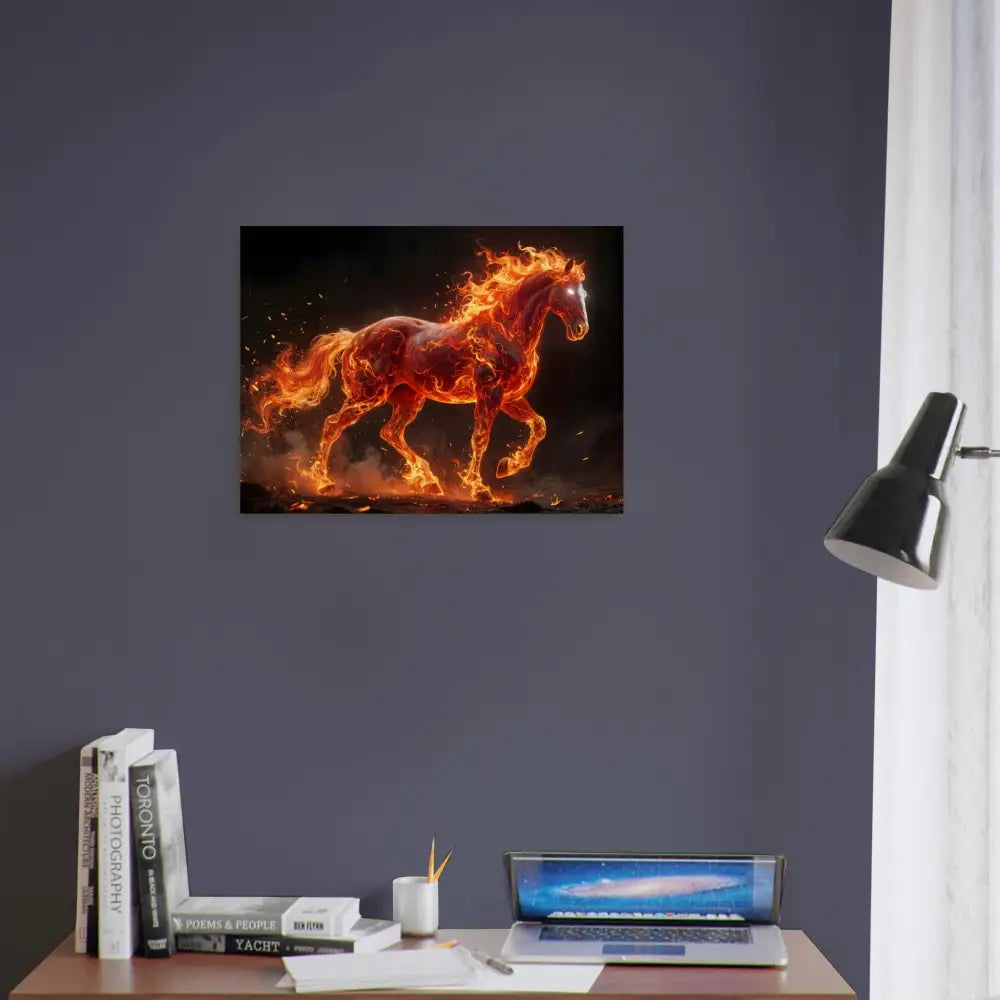 Inferno Stallion canvas print on sustainable birch wood showcasing fiery horse artwork