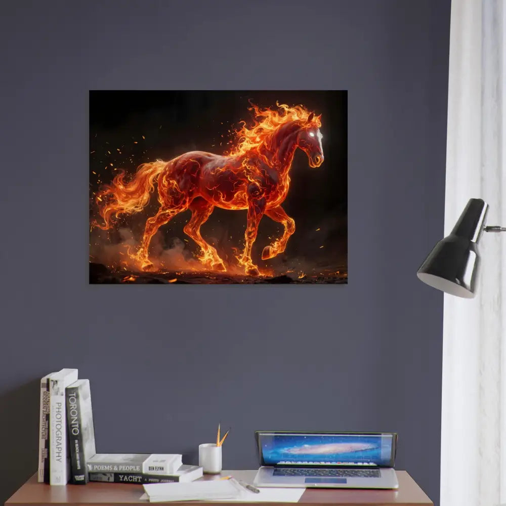 Inferno Stallion artwork on sustainable birch wood print featuring a fiery horse design