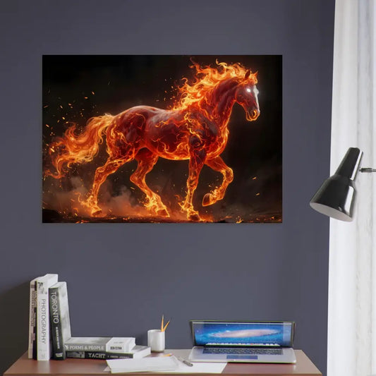 Vibrant fire horse canvas print Inferno Stallion on sustainable birch wood PixiOnyx