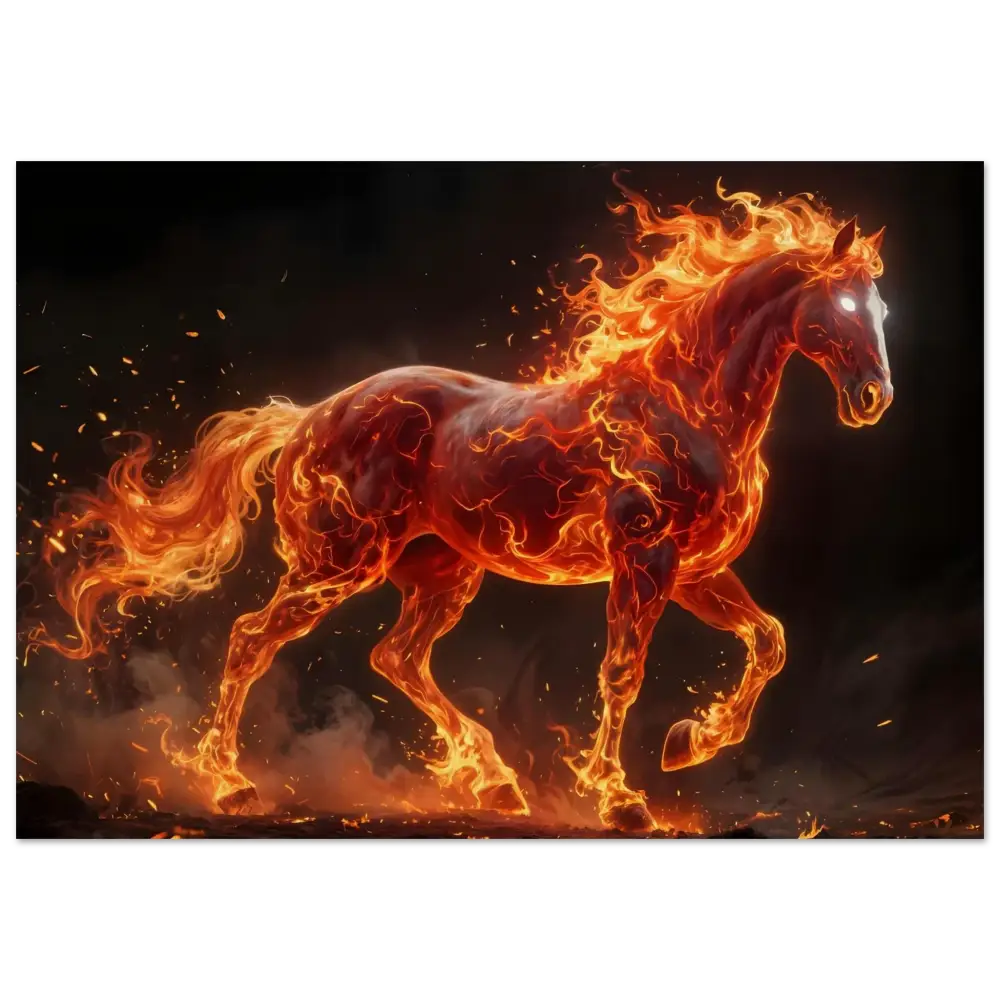 Inferno Stallion on Birch Wood print with fiery mane and glowing eyes by PixiOnyx