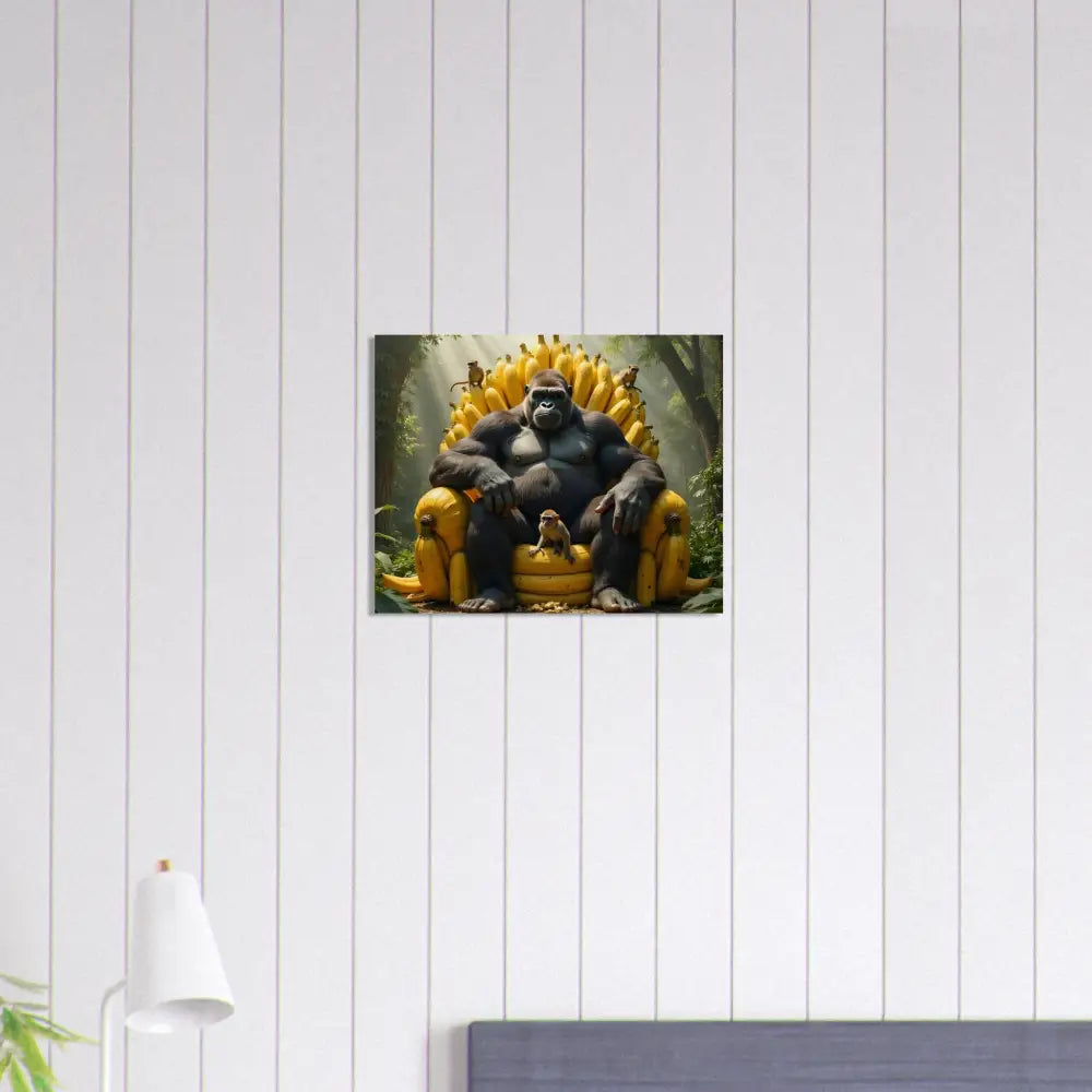Gorilla sitting on Banana Throne illustration for King Kong’s Banana Throne Wood Print by PixiOnyx