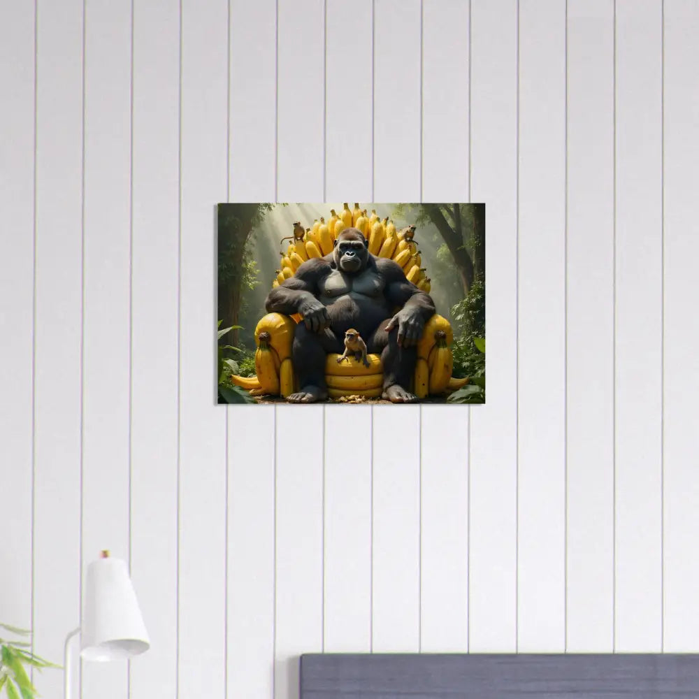 Gorilla sitting on a banana throne, displayed on Wood Print King Kong’s Banana Throne
