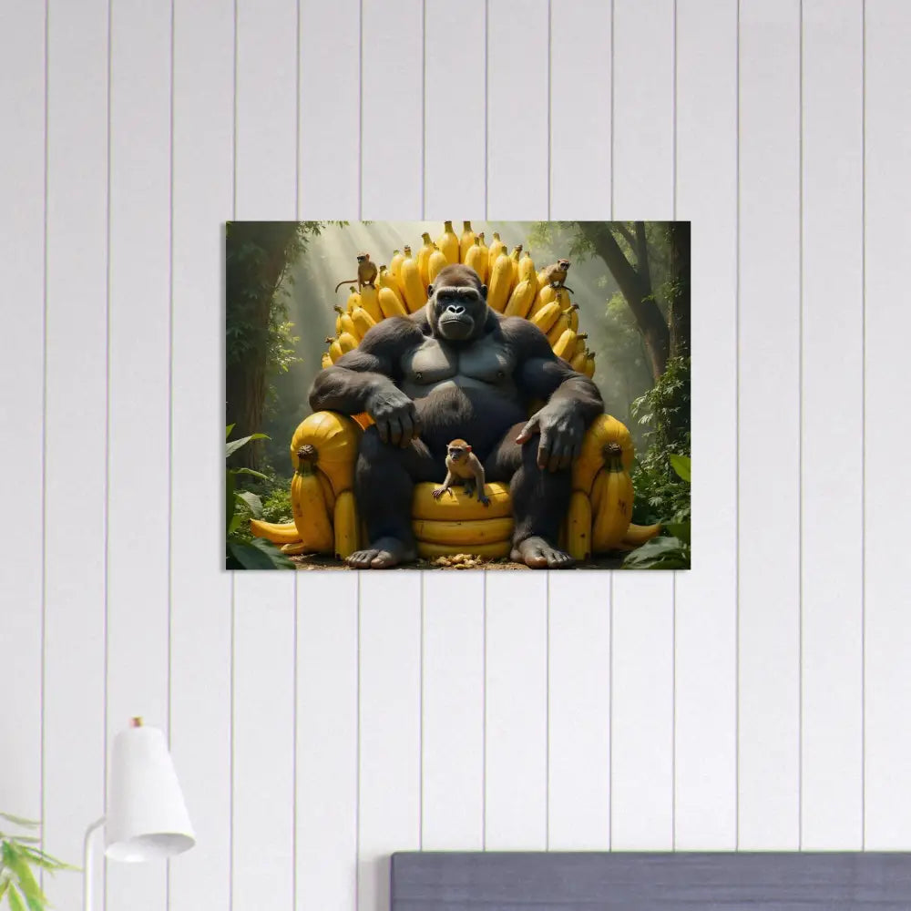 Gorilla sitting on a banana throne in a wooden print King Kong’s Banana Throne PixiOnyx