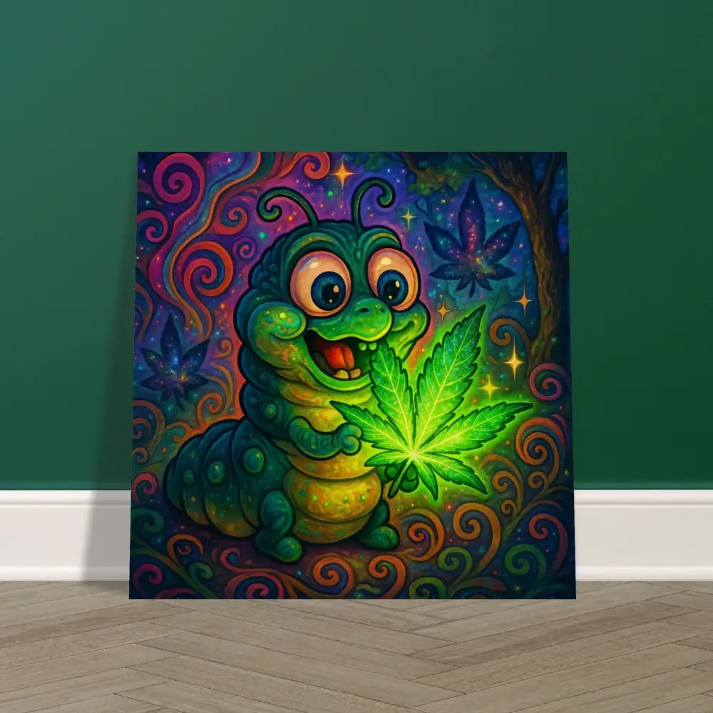 Cartoon caterpillar holding glowing cannabis leaf on Wood Print Leaf Me Alone Wall Art