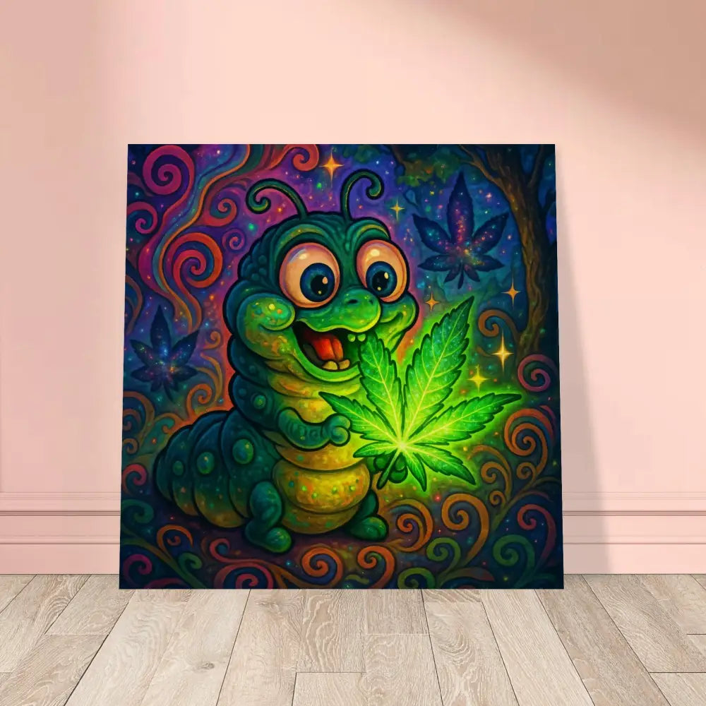 Cartoon caterpillar holding a glowing marijuana leaf on Natural Totem Wall Art Wood Print