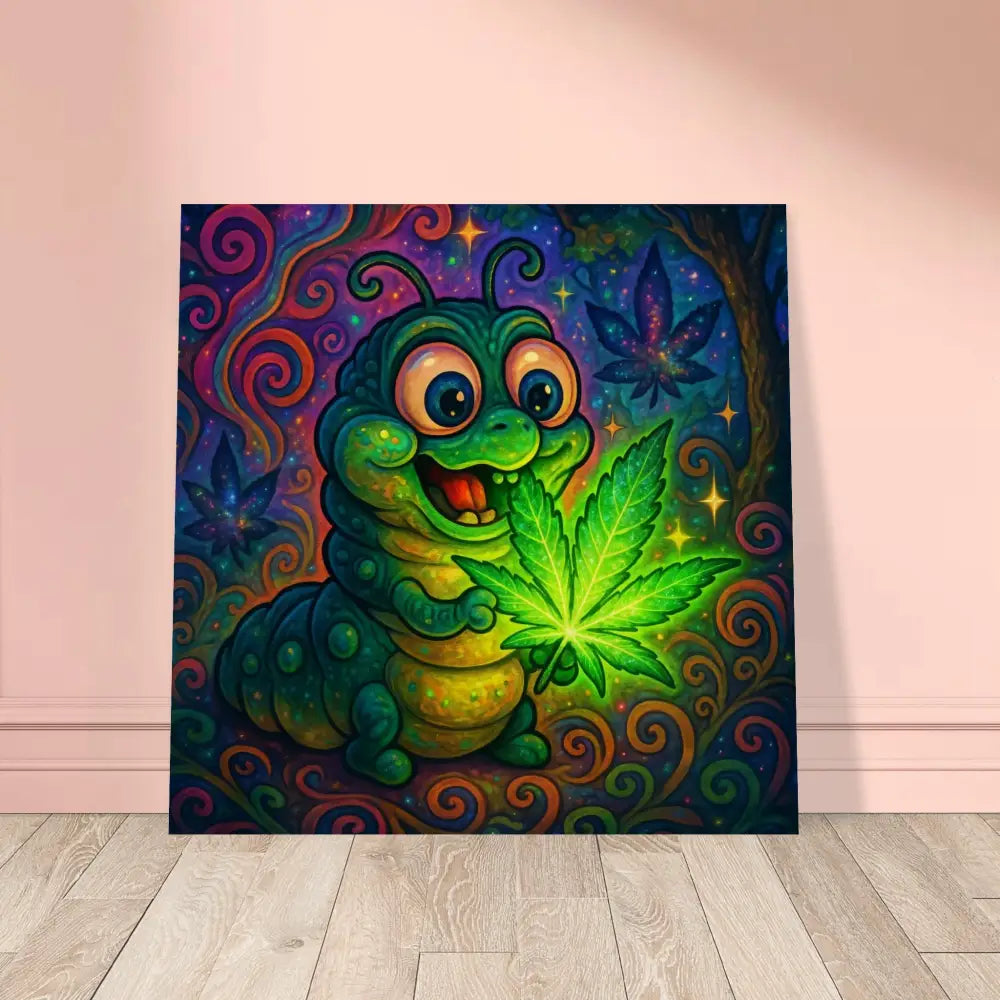 Psychedelic caterpillar art on Wood Print Leaf Me Alone I m Vibin Natural Totem Wall Art