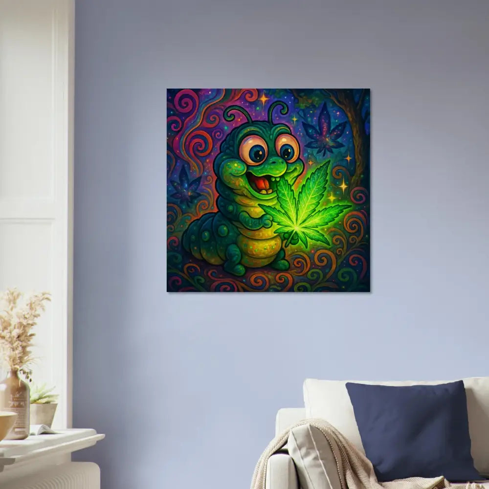Cartoon caterpillar holding a marijuana leaf on natural Wood Print Wall Art by PixiOnyx