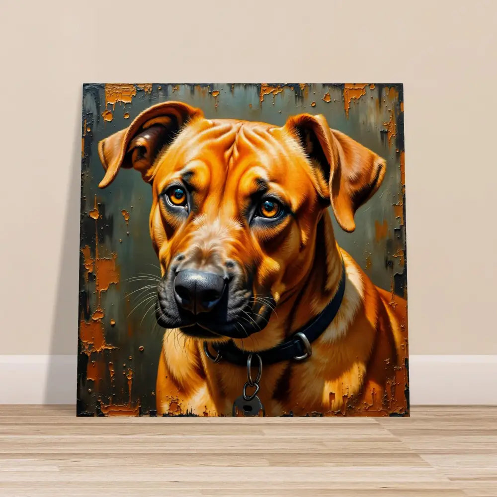 Vibrant painting of a brown dog with a black collar showcasing loyal gaze on PixiOnyx Natural Fidelity wood