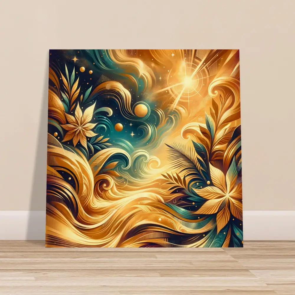 Abstract golden floral artwork on a Wood Print titled Nebula Bloom Cascade by PixiOnyx