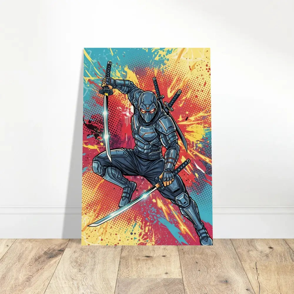 Fierce ninja leaps on warm wood grain in PixiOnyx Pop Samurai series wall art