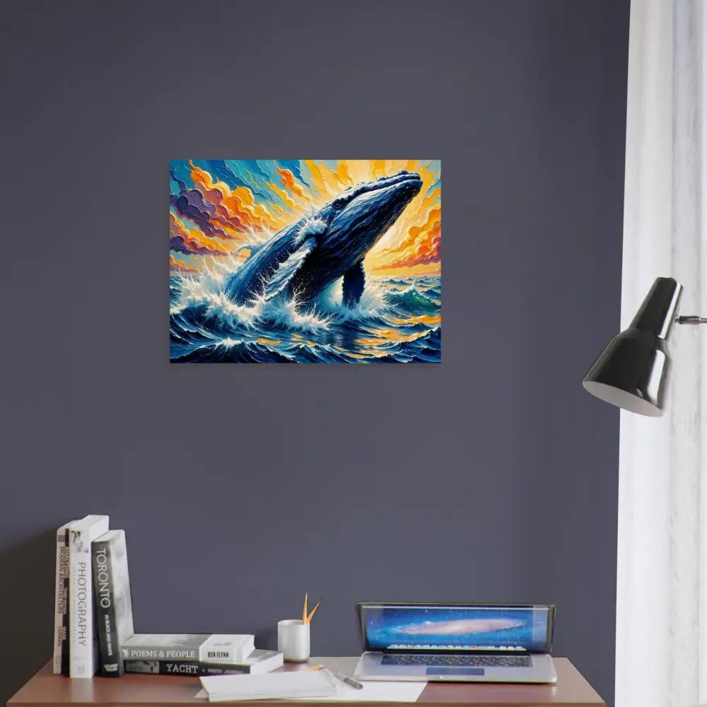 Wood print of a whale breaching in colorful waters capturing flowing sea meets natural beauty