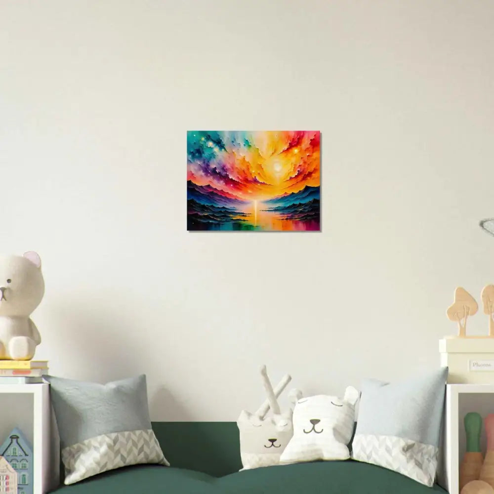 Discover radiant horizon: colorful sunset painting on wood print with mountains and water