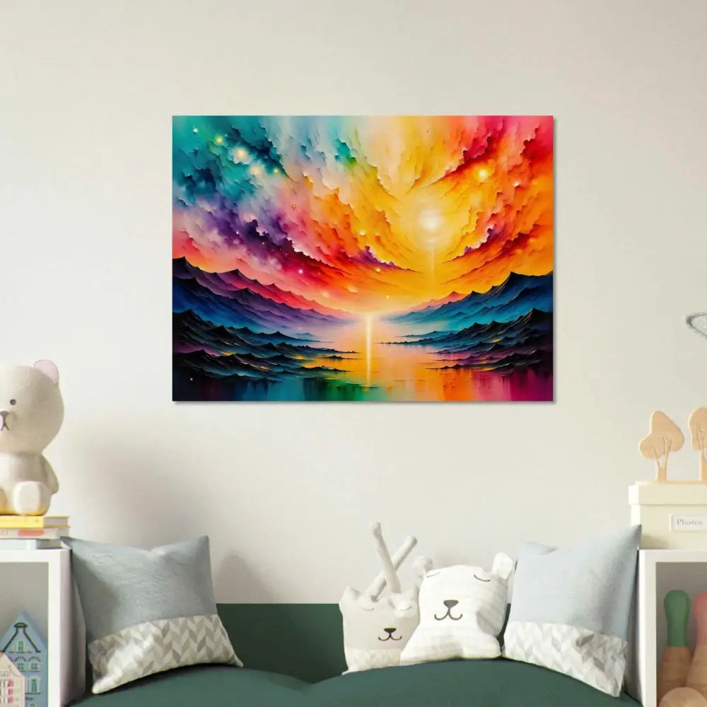 Discover Radiant Horizon reborn with this vibrant colorful fantasy sky and landscape art print