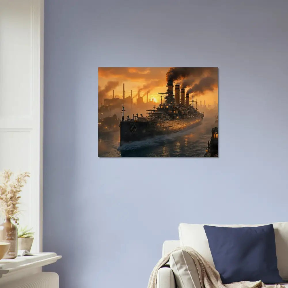 Canvas print of Steel Leviathan battleship in industrial harbor at sunset meets Wood PixiOnyx Burntgrain Relic