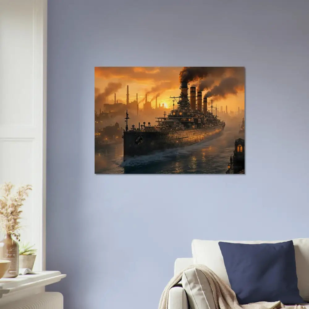 Canvas print of a steel leviathan battleship at sunset in PixiOnyx Burntgrain Relic meets wood style