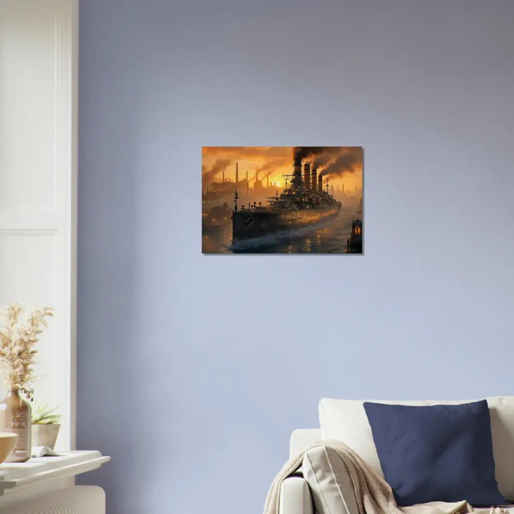 Framed Wood Print Steel Leviathan at Dusk PixiOnyx Burntgrain Relic artwork of a large ship in harbor