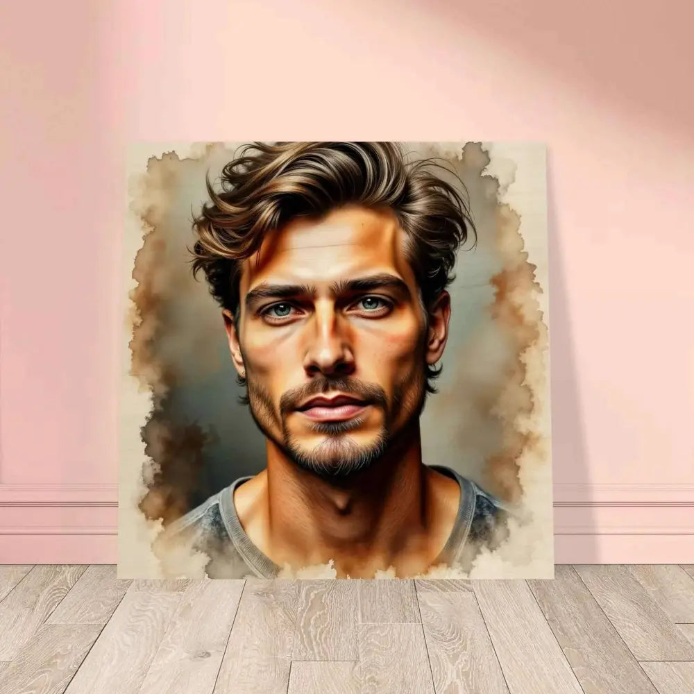 Watercolor-style portrait print of handsome man with wavy brown hair on wood grain stormworn resolve surface with pigment bleed