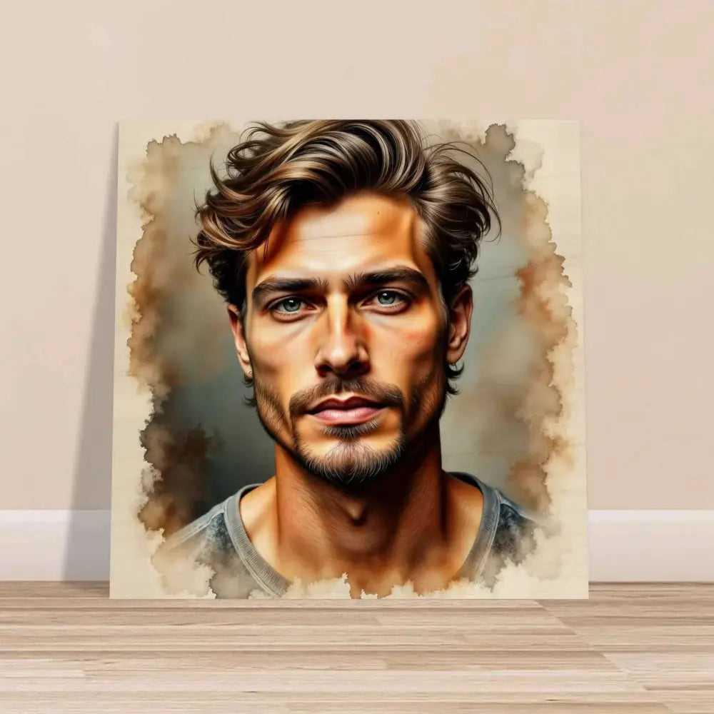 Watercolor portrait of handsome man with brown wavy hair and light eyes on Stormworn Resolve wood grain print