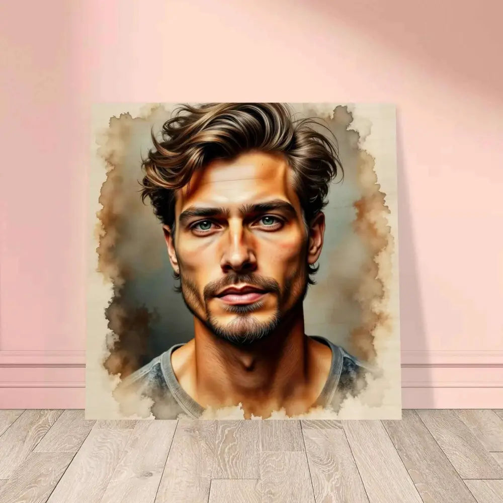 Watercolor portrait of a man with brown wavy hair and beard on Wood Print Stormworn Resolve with grain and pigment bleed