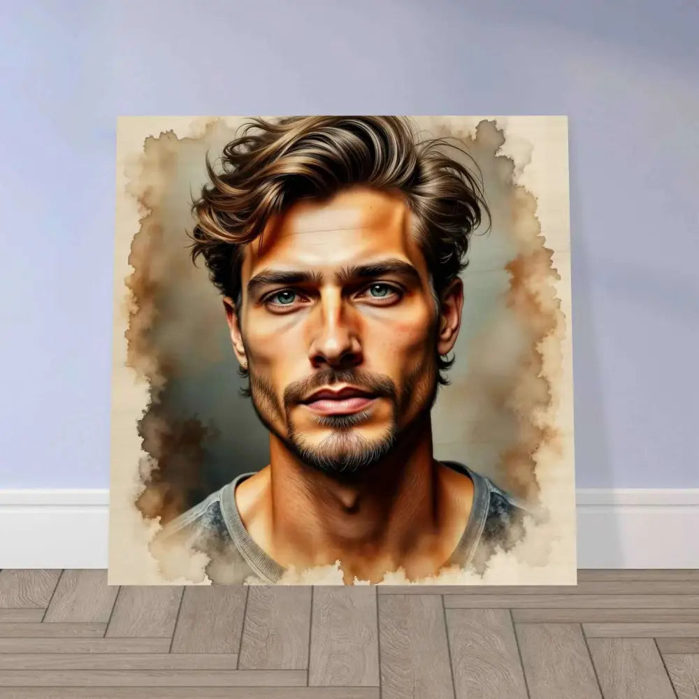 Wood grain canvas print of stormworn resolve watercolor portrait with pigment bleed detail