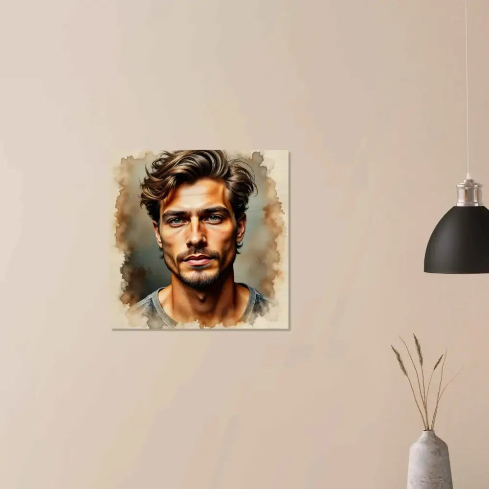 Framed watercolor portrait of a man with wavy brown hair on wood grain print Stormworn Resolve