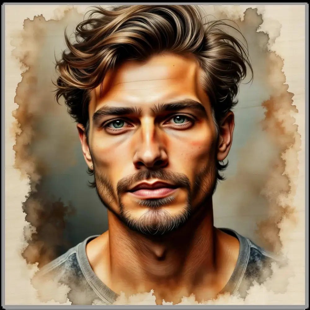 Watercolor portrait of a man with green eyes and wavy hair on Wood Print Stormworn Resolve with grain and pigment bleed