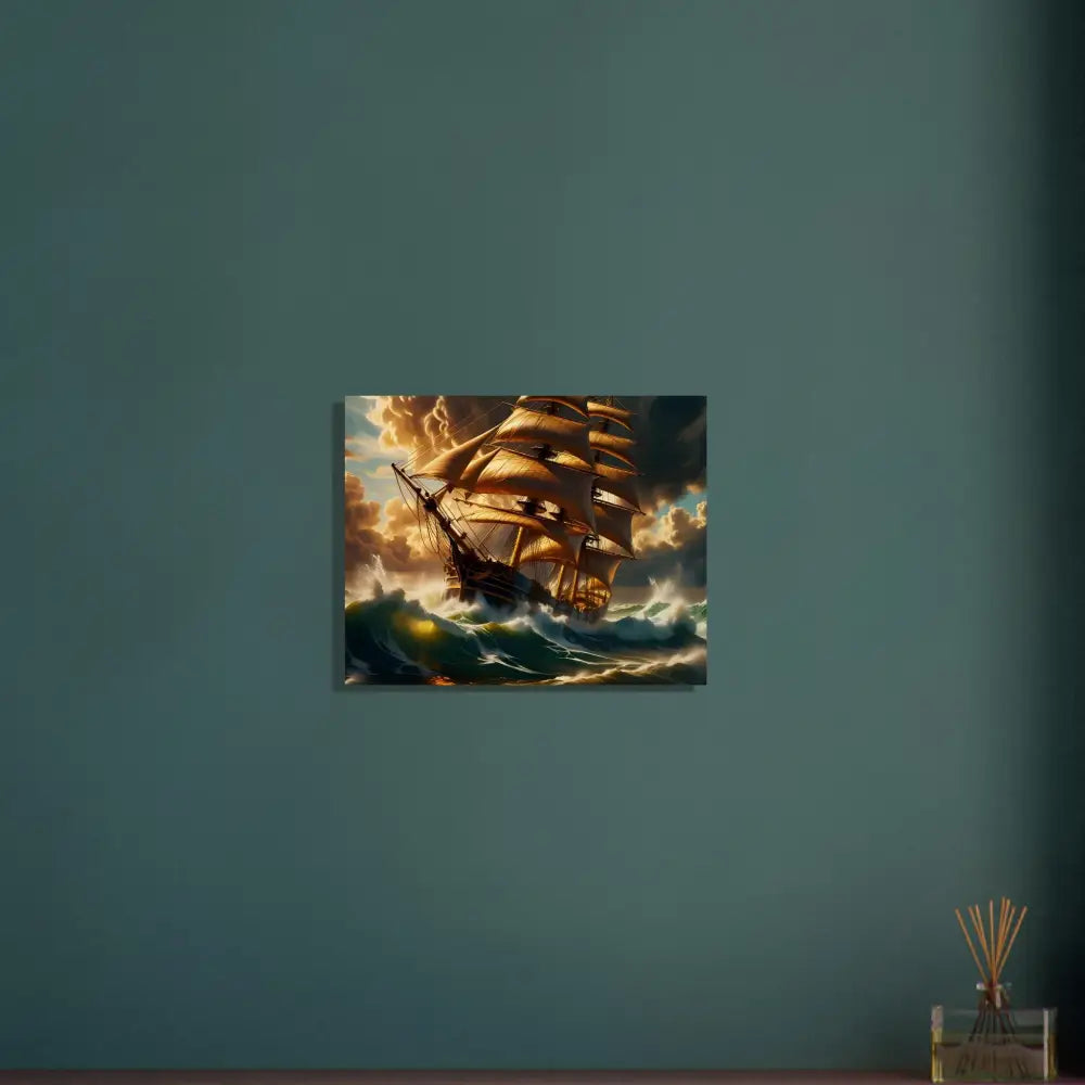 Stormy seas sailing ship painting on wood print in Tempestbound Sovereign series