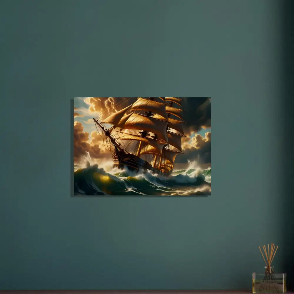 Wood Print Tempestbound Sovereign sailing ship amidst stormy seas from PixiOnyx Driftwood Series