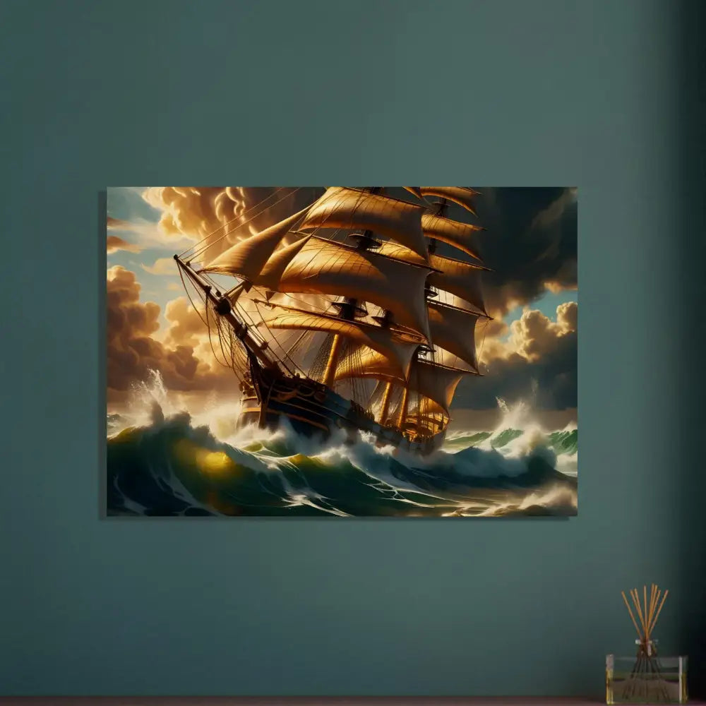 Golden sailing ship battling stormy seas on Wood Print Tempestbound Sovereign PixiOnyx
