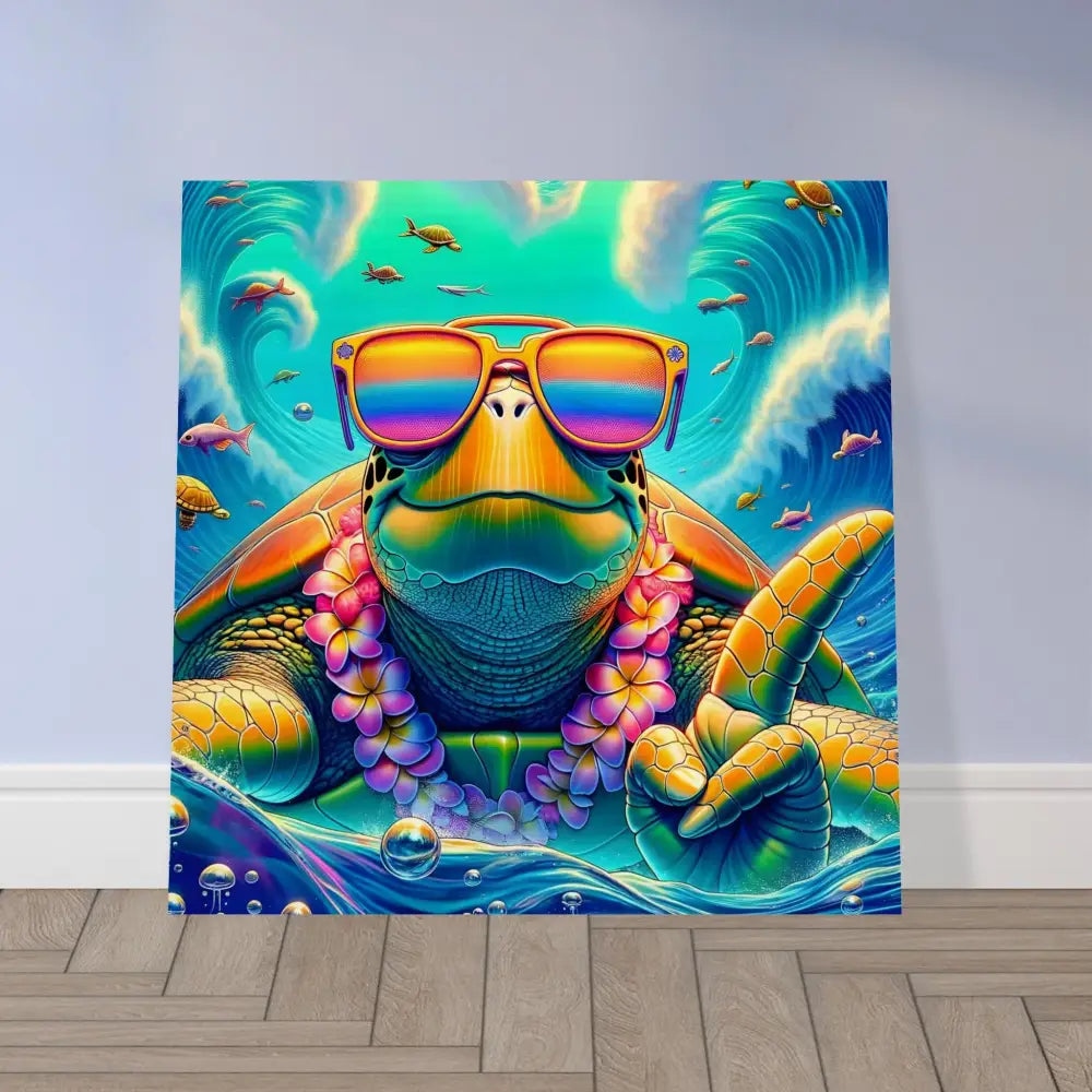 Vibrant turtle art print with sunglasses and lei on Wood Print – Turtle-y Misunderstood Bro