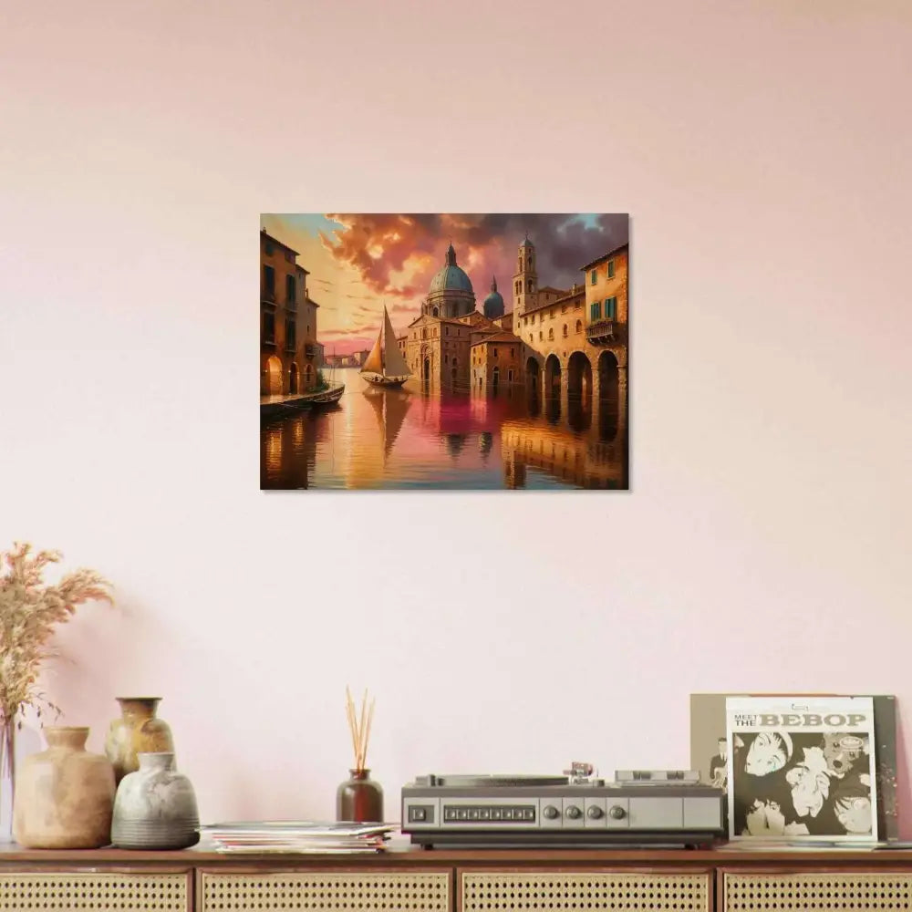 Colorful Venetian Reverie painting on natural wood print showcasing a European canal city at sunset