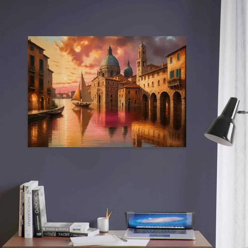 Vibrant Venetian Reverie painting on natural wood print of a European canal city at sunset