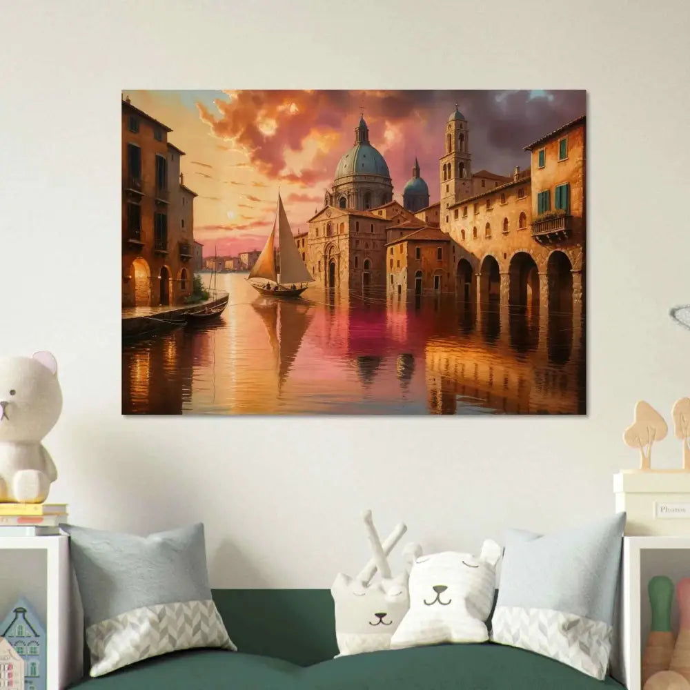 Colorful canvas print of European canal city at sunset from Venetian Reverie series