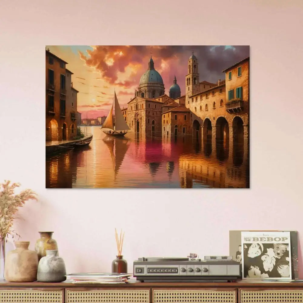 Venetian Reverie wood print featuring vibrant cityscape with river and historic buildings