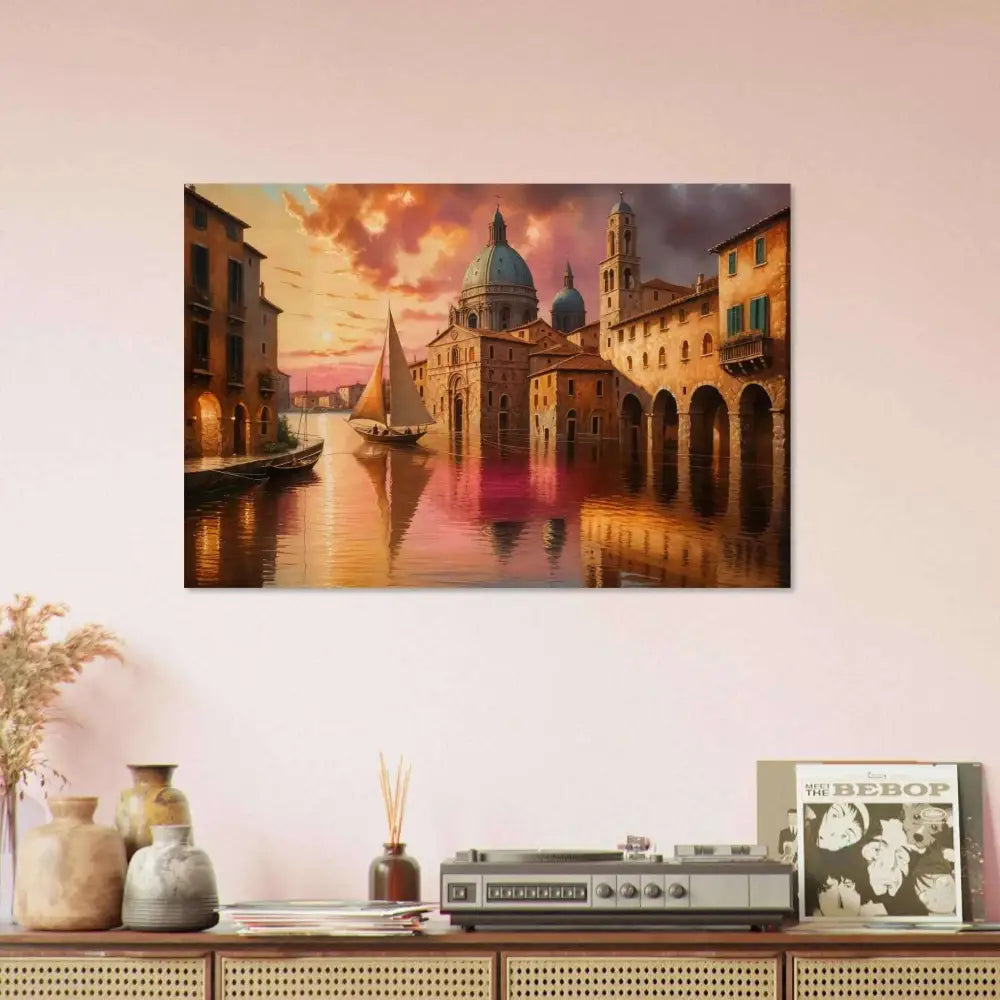 Vibrant oil painting of a European canal city at sunset from Venetian Reverie series on natural wood
