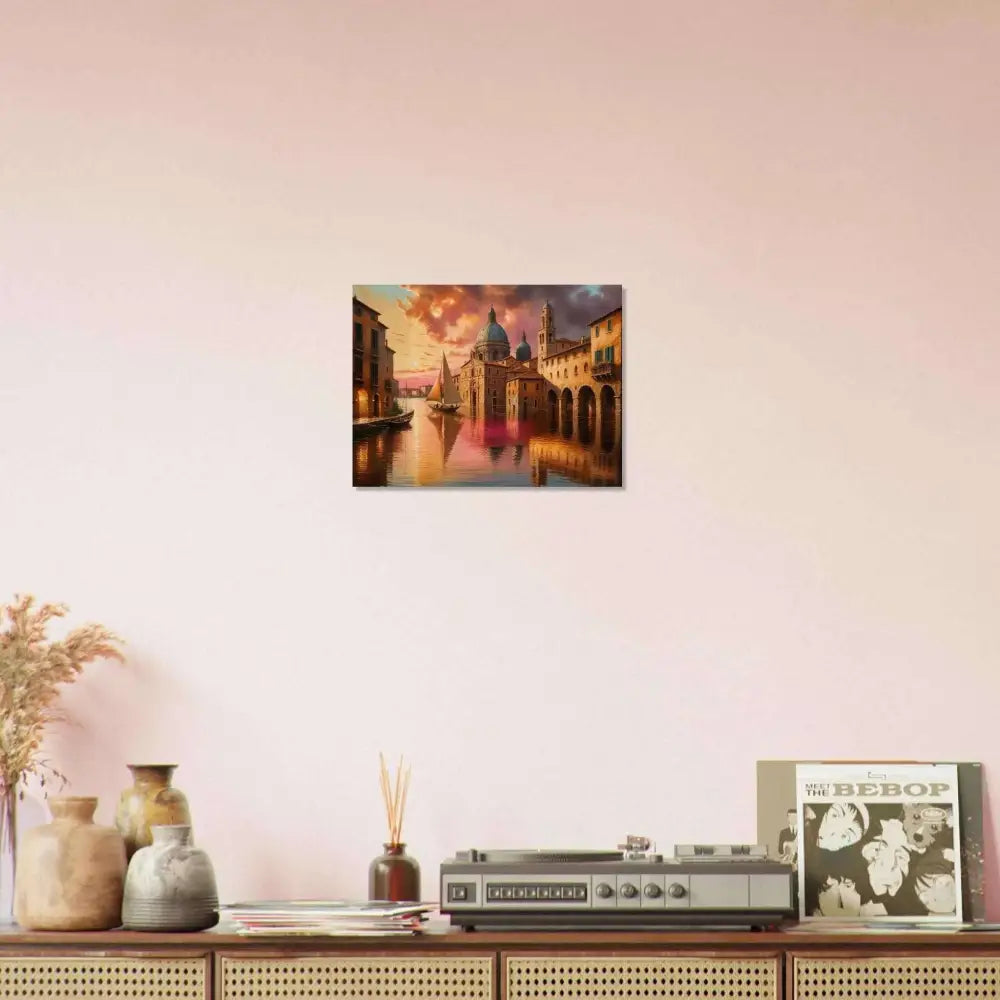 Colorful painting of a European canal city scene on natural wood in Venetian Reverie series