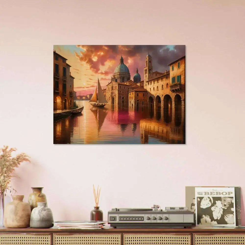 Vibrant Venetian Reverie painting of a European canal city on natural wood print