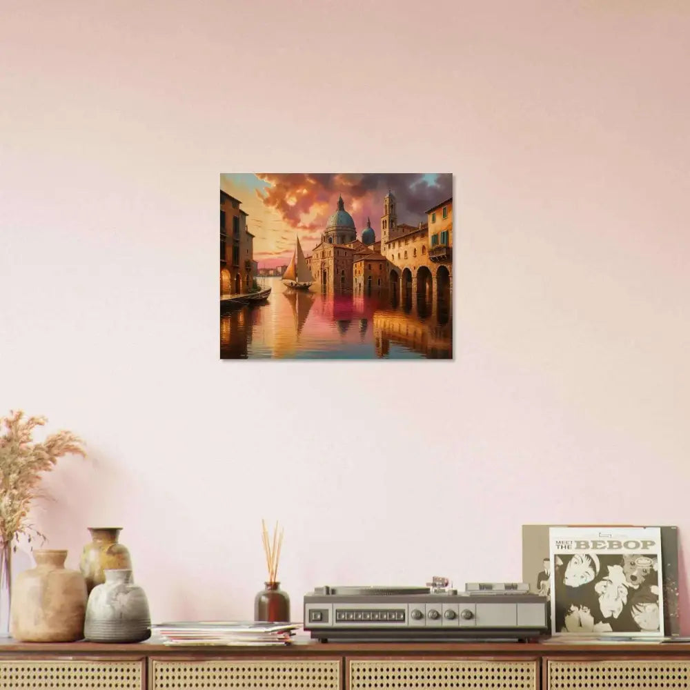 Vibrant Venetian canal sunset painting on natural wood Wood Print Venetian Reverie PixiOnyx