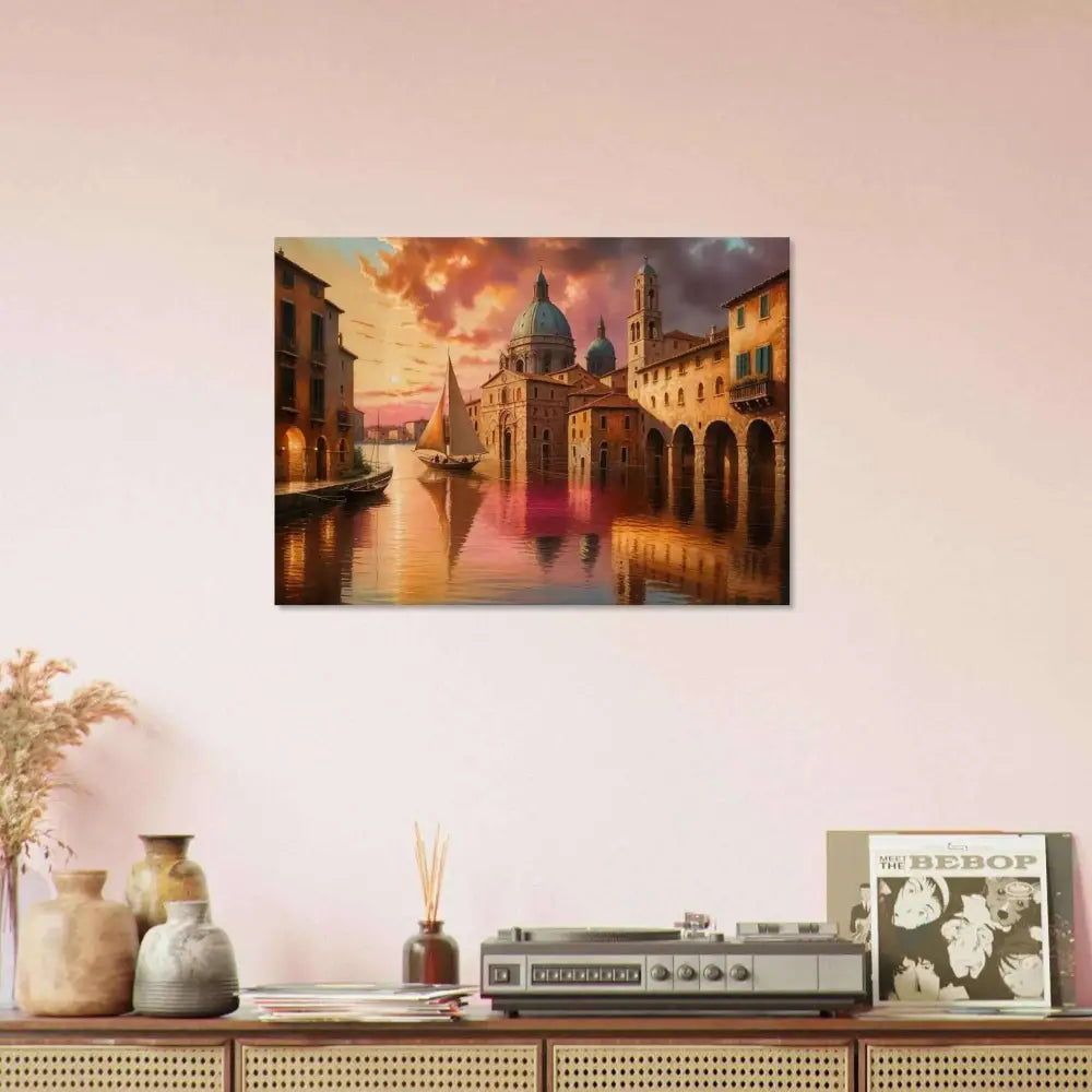 Vibrant Venetian Reverie painting on natural wood showcasing a European canal city at sunset
